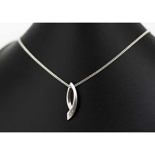 583 - Silver Diamond Set Ribbon Form Pendant 3cm High Set on Silver Chain 46cm Long with Original Presenta... 