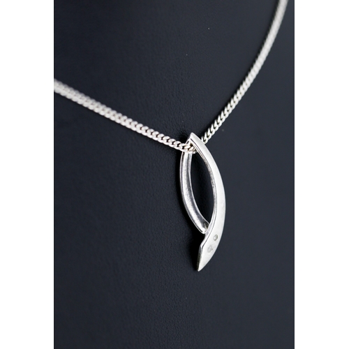 583 - Silver Diamond Set Ribbon Form Pendant 3cm High Set on Silver Chain 46cm Long with Original Presenta... 