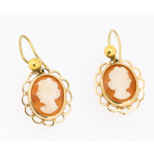 59 - Pair of 9 Carat Yellow Gold Cameo Set Drop Earrings 1.5cm High