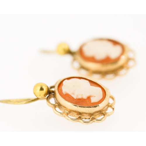 59 - Pair of 9 Carat Yellow Gold Cameo Set Drop Earrings 1.5cm High