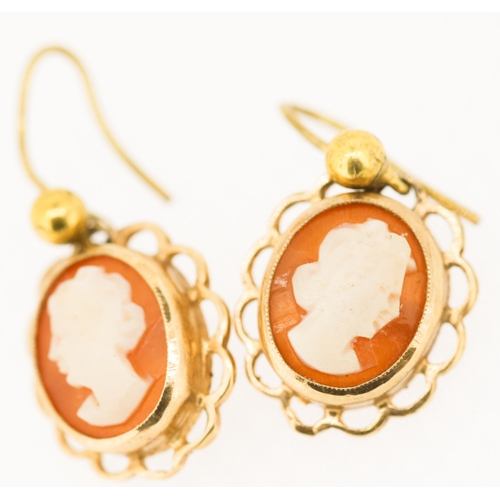 59 - Pair of 9 Carat Yellow Gold Cameo Set Drop Earrings 1.5cm High