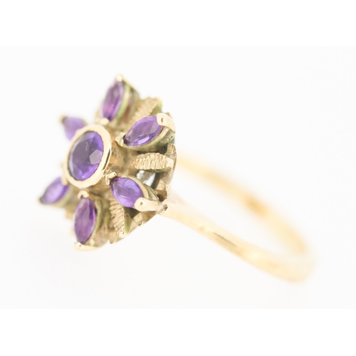 594 - Amethyst Set Floral Motif Ring Attractively Detailed Set in 9 Carat Yellow Gold Ring Size I and a Ha... 