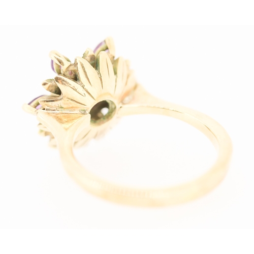 594 - Amethyst Set Floral Motif Ring Attractively Detailed Set in 9 Carat Yellow Gold Ring Size I and a Ha... 