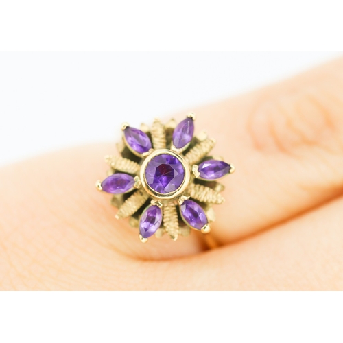 594 - Amethyst Set Floral Motif Ring Attractively Detailed Set in 9 Carat Yellow Gold Ring Size I and a Ha... 