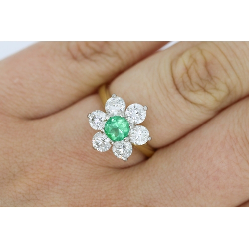 60 - Emerald and Diamond Set Daisy Form Cluster Ring Mounted in 18 Carat Yellow Gold Total Emerald Carat ... 