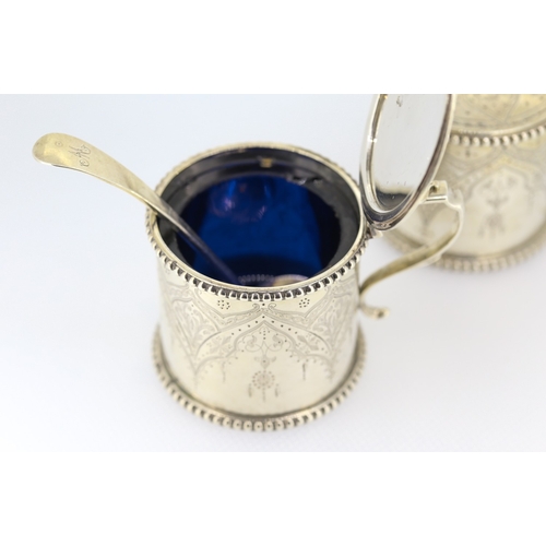 617 - Pair of Silver Mustard Pots with Spoons Incised Detailing with Blue Glass Insets 5cm High