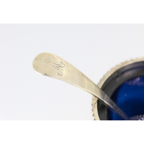 617 - Pair of Silver Mustard Pots with Spoons Incised Detailing with Blue Glass Insets 5cm High