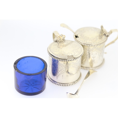 617 - Pair of Silver Mustard Pots with Spoons Incised Detailing with Blue Glass Insets 5cm High