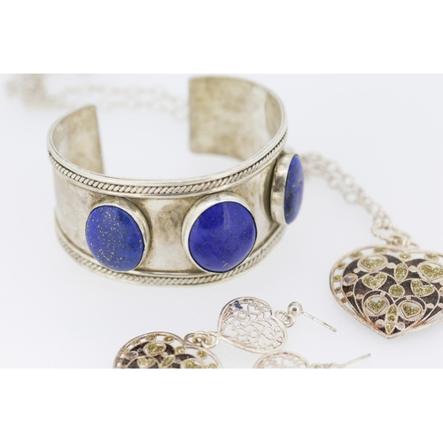 629 - Lapis Lazuli Three Stone Set Silver Cuff Bracelet with Silver Heart Form Gemset Necklace and Earring... 