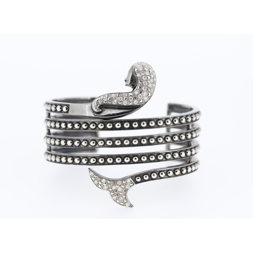 634 - MAUBOUSSIN Petite Sirene Rhodium Plated Silver and 18 Carat White Gold Cuff Bracelet Set with Diamon... 