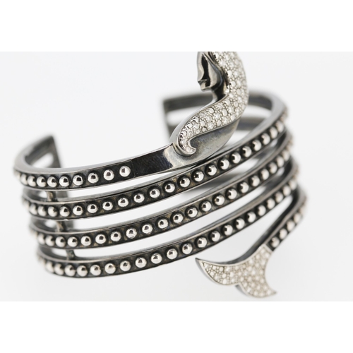 634 - MAUBOUSSIN Petite Sirene Rhodium Plated Silver and 18 Carat White Gold Cuff Bracelet Set with Diamon... 