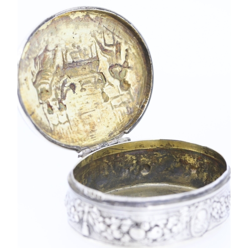 636 - Attractively Detailed Silver Snuff Box Oval Form Festive Scene Hinge Cover 6.5cm Wide