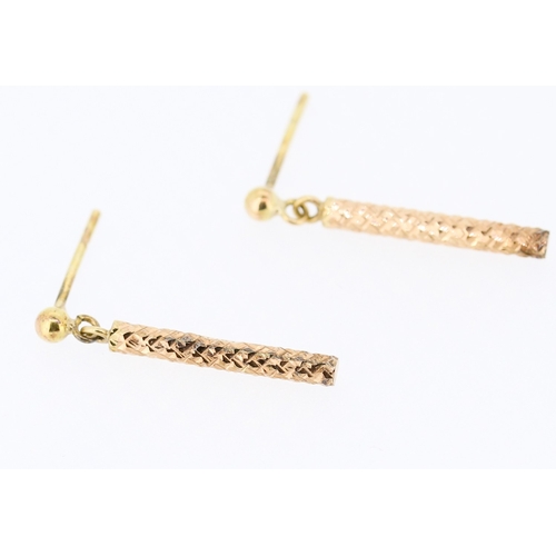 69 - Pair of 9 Carat Rose Gold Bar Drop Earrings Incised Detailing 2cm High