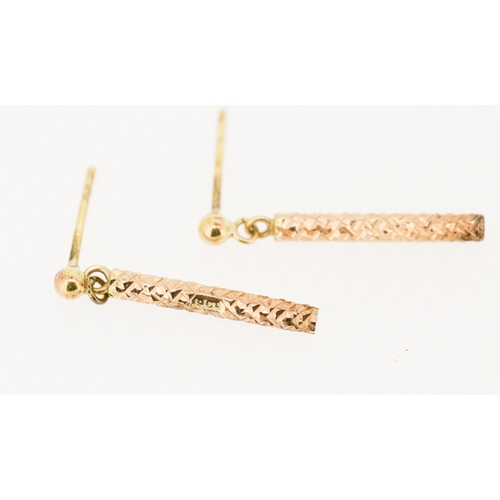 69 - Pair of 9 Carat Rose Gold Bar Drop Earrings Incised Detailing 2cm High