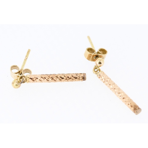 69 - Pair of 9 Carat Rose Gold Bar Drop Earrings Incised Detailing 2cm High