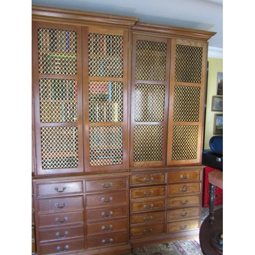 700 - Bookcase of Imposing Size with Upper Brass Grill Doors above Drawers to Base Breakfront Form Attract... 