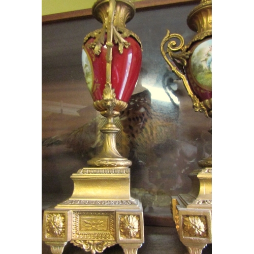 722 - Pair of French Ormolu Mounted Sevres Urns Hand Painted Each Approximately 20 Inches High