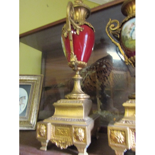 722 - Pair of French Ormolu Mounted Sevres Urns Hand Painted Each Approximately 20 Inches High