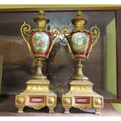 722 - Pair of French Ormolu Mounted Sevres Urns Hand Painted Each Approximately 20 Inches High