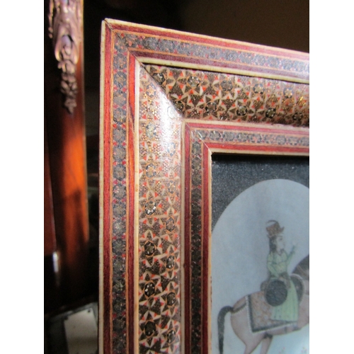 724 - Antique Persian Portrait Miniature Man on Horse Contained Within Detailed Frame, Frame Size Approxim... 