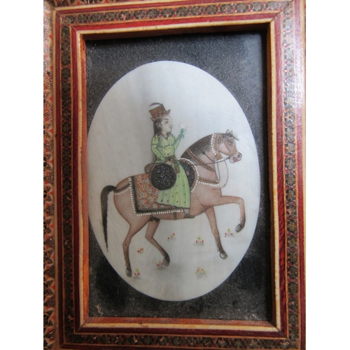 724 - Antique Persian Portrait Miniature Man on Horse Contained Within Detailed Frame, Frame Size Approxim... 