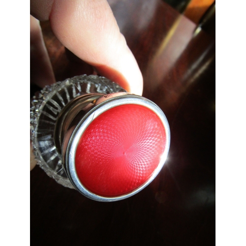 725 - Edwardian Silver Mounted Desk Inkwell with Attractively Engine Turned Enamel Red Top Resting on Orig... 