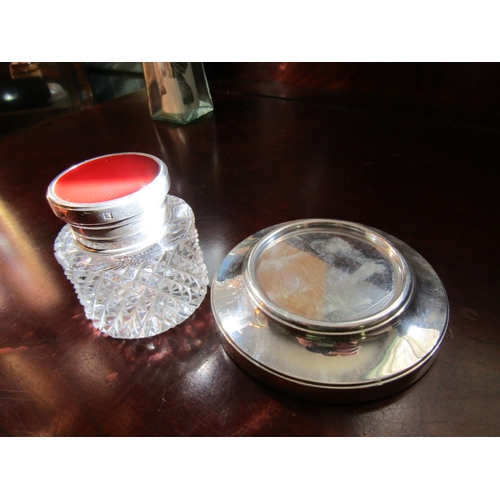 725 - Edwardian Silver Mounted Desk Inkwell with Attractively Engine Turned Enamel Red Top Resting on Orig... 