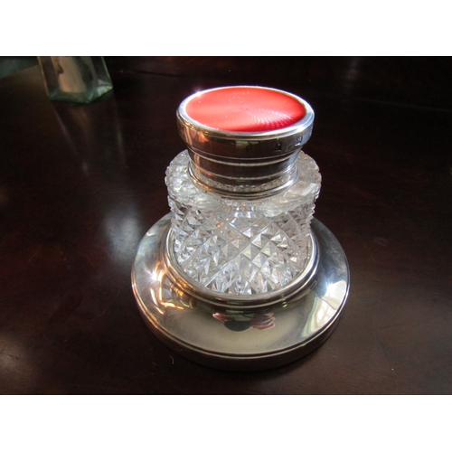 725 - Edwardian Silver Mounted Desk Inkwell with Attractively Engine Turned Enamel Red Top Resting on Orig... 