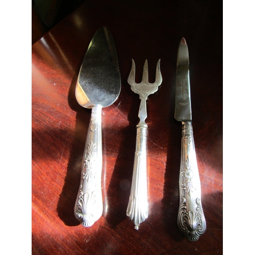 728 - Silver Handled Cheese Knife and Presentation Knife and Fork Three Pieces in Lot Each Good Original C... 