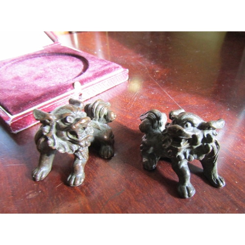 732 - Pair of Oriental Bronze Figures Foo Dogs Signed to Base Each Approximately 5cm Wide