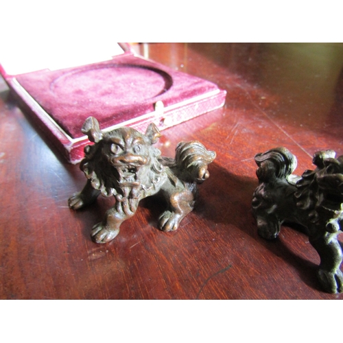 732 - Pair of Oriental Bronze Figures Foo Dogs Signed to Base Each Approximately 5cm Wide