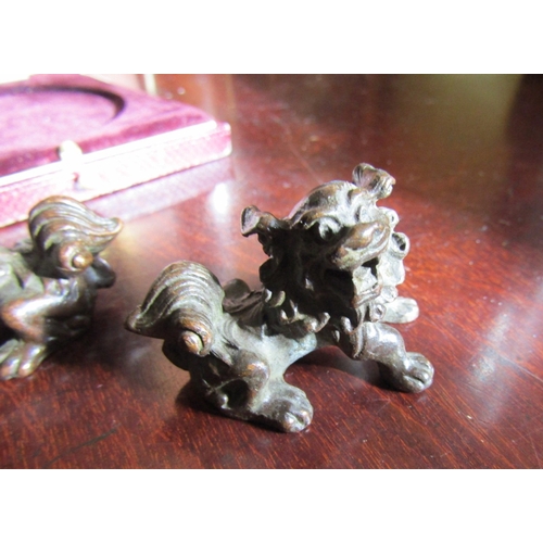 732 - Pair of Oriental Bronze Figures Foo Dogs Signed to Base Each Approximately 5cm Wide