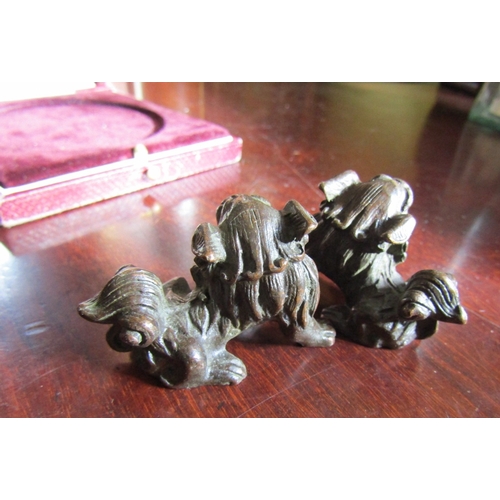 732 - Pair of Oriental Bronze Figures Foo Dogs Signed to Base Each Approximately 5cm Wide