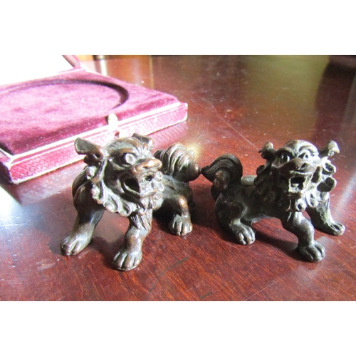 732 - Pair of Oriental Bronze Figures Foo Dogs Signed to Base Each Approximately 5cm Wide