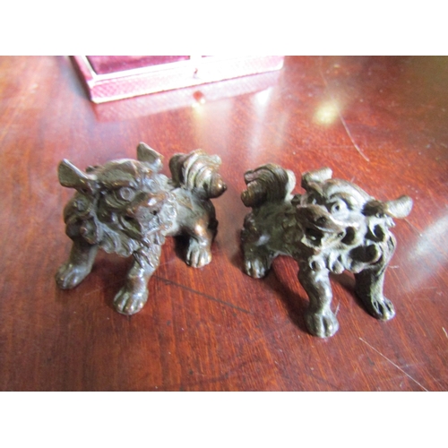 732 - Pair of Oriental Bronze Figures Foo Dogs Signed to Base Each Approximately 5cm Wide