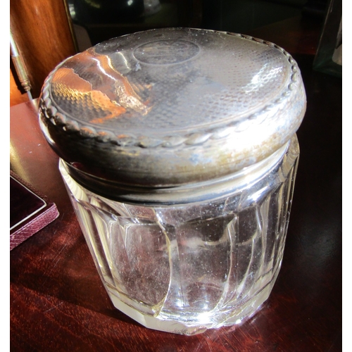 733 - Silver Mounted Hair Brush and Silver Mounted Desk Jar Please Note Desk Jar Facet Cut Please Note Cry... 