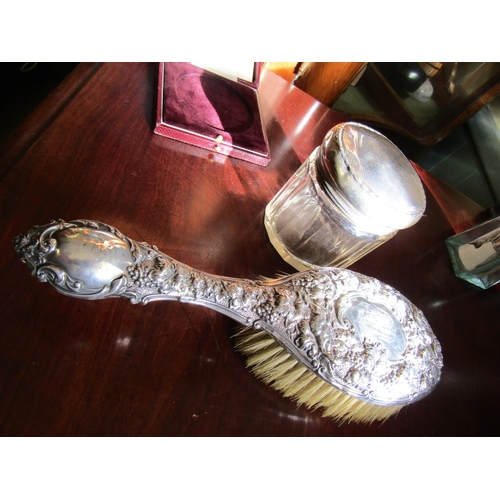 733 - Silver Mounted Hair Brush and Silver Mounted Desk Jar Please Note Desk Jar Facet Cut Please Note Cry... 