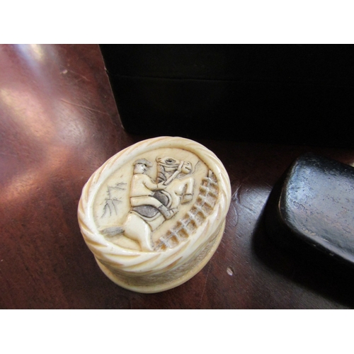 735 - Three Desk Boxes Including Carved Bone Equestrian Motif Example Largest Approximately 4 Inches Wide