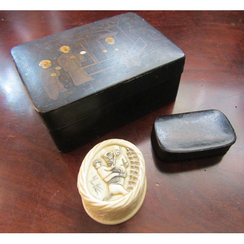 735 - Three Desk Boxes Including Carved Bone Equestrian Motif Example Largest Approximately 4 Inches Wide