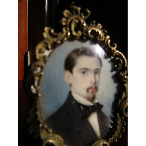 736 - Victorian Portrait Miniature of Gentleman with Bow Tie Contained Within Rocco Frame Approximately 7c... 