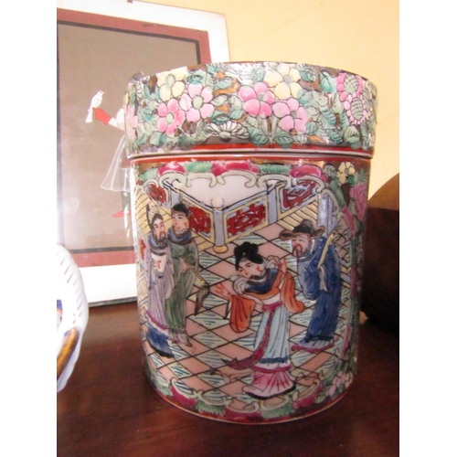 741 - Three Pieces of Porcelain Including Oriental Cylinder Form Imari Jar with Cover Signed Characters to... 