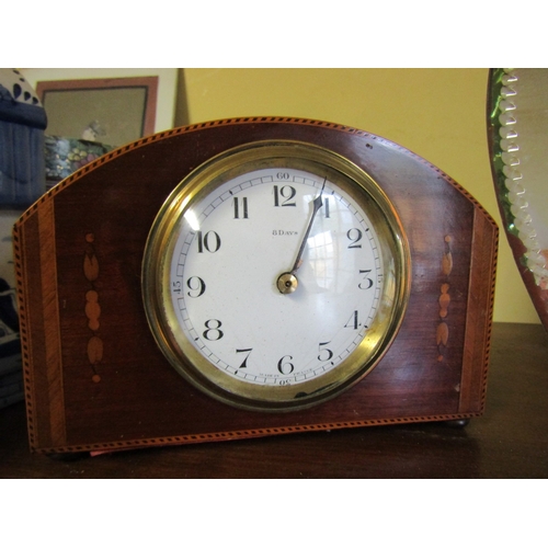 742 - Horseshoe Form Vintage Easel Back Table Top Mirror and Edwardian Inlaid Mantle Clock Two Pieces in L... 