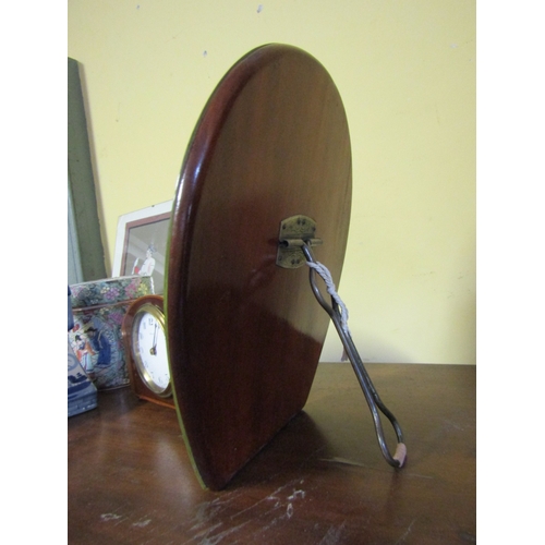 742 - Horseshoe Form Vintage Easel Back Table Top Mirror and Edwardian Inlaid Mantle Clock Two Pieces in L... 