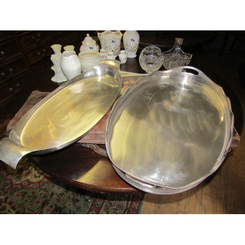 749 - Two Large Form Silver Plated Serving Trays Oval Form One with Pierced Gallery Surround Each Largest ... 