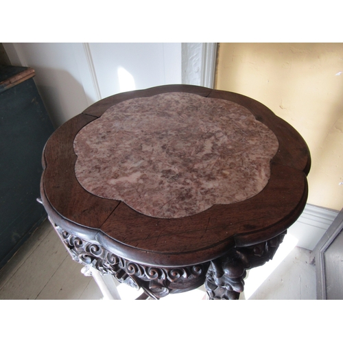 761 - Chinese Carved Hardwood Stand Inset Marble Top Above Shaped Supports Finely Detailed Throughout Appr... 