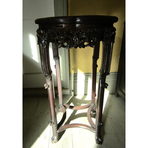 761 - Chinese Carved Hardwood Stand Inset Marble Top Above Shaped Supports Finely Detailed Throughout Appr... 