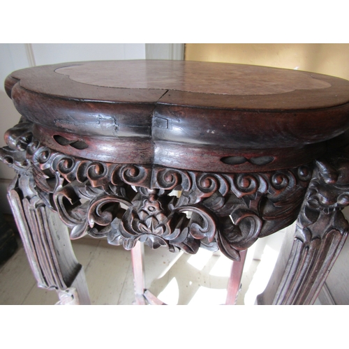 761 - Chinese Carved Hardwood Stand Inset Marble Top Above Shaped Supports Finely Detailed Throughout Appr... 