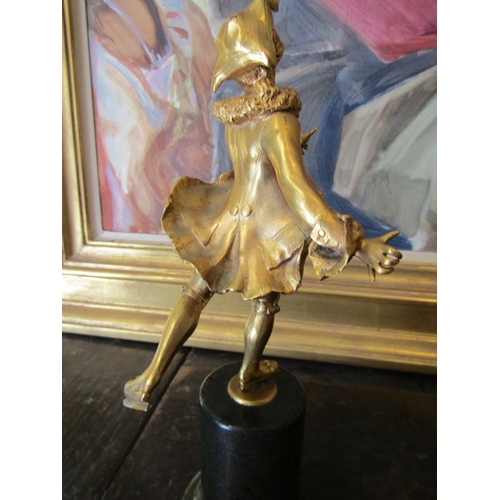 764 - Victorian Gilded Bronze Figure of Skating Gentlemen Set on Original Turned Marble Pedestal Base Appr... 