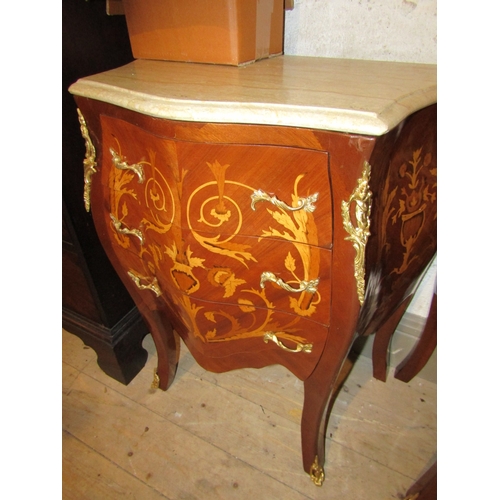 772 - Pair of Marquetry Decorated Kingswood Three Drawer Side Chest Serpentine Front Marble Tops Each Appr... 