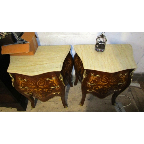 772 - Pair of Marquetry Decorated Kingswood Three Drawer Side Chest Serpentine Front Marble Tops Each Appr... 